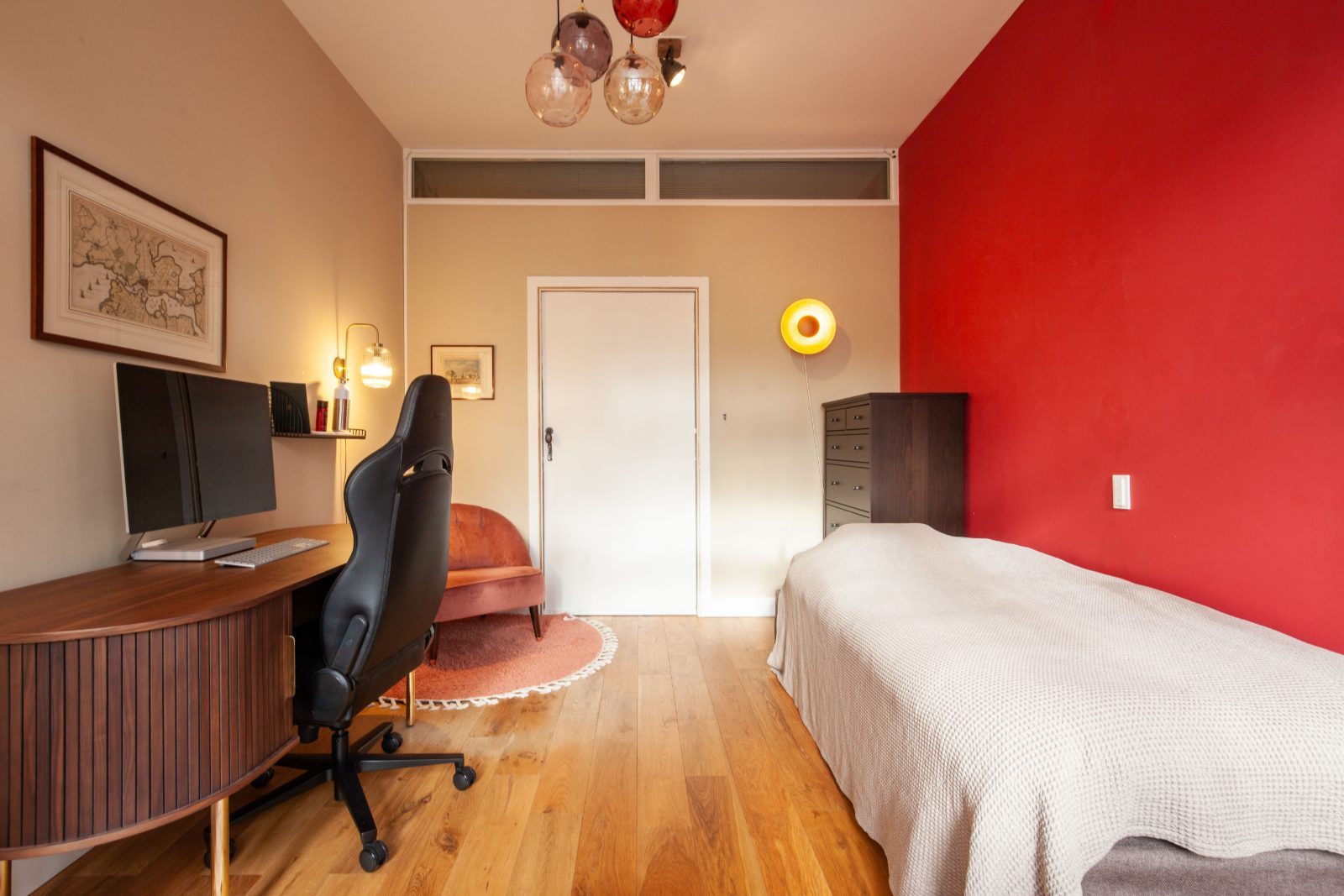Red bed, desk and dresser