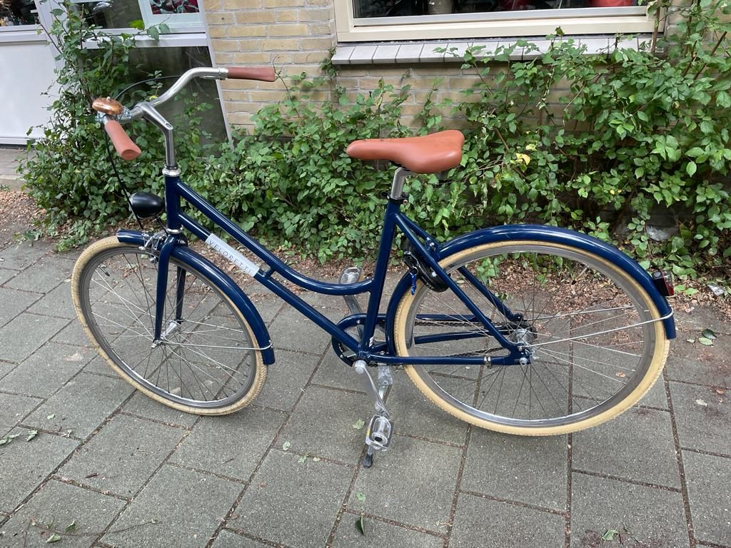 Navy-blue Veloretti city bike parked by a hedge