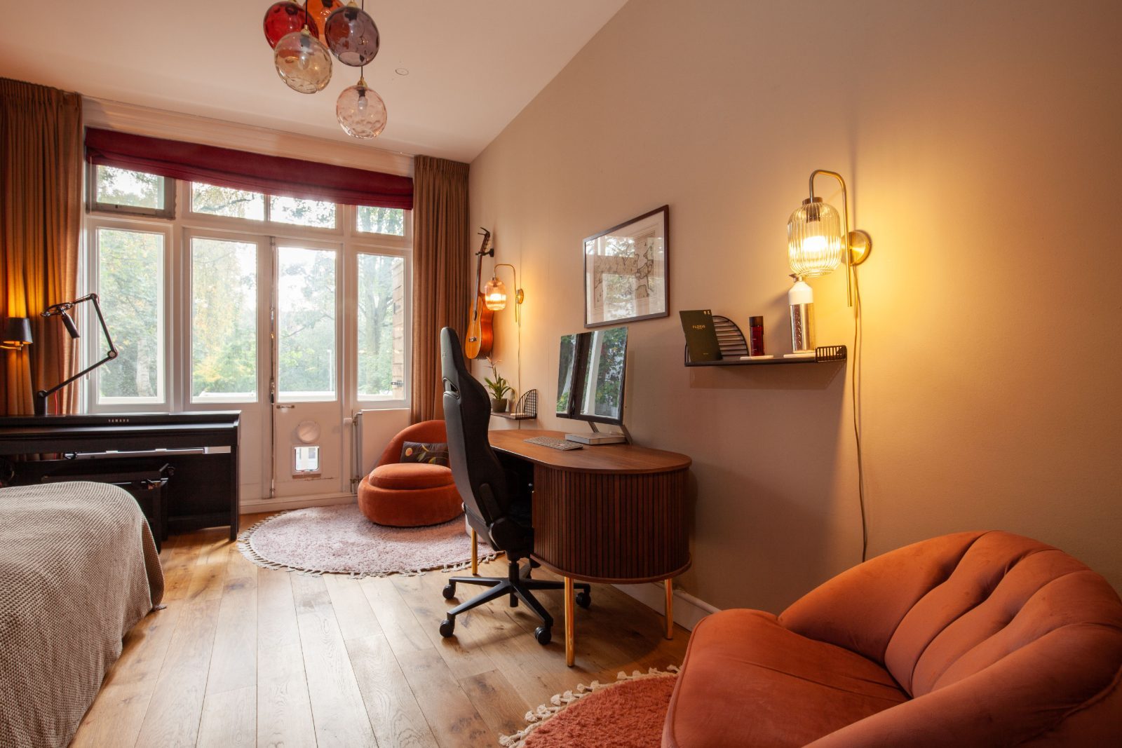 Desk, gaming chair and velvet sofa